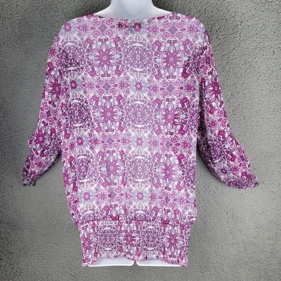 Fever Womens Blouse Top  Large Elastic Smocked Waist Tab Sleeves Sheer Floral - Picture 16 of 16